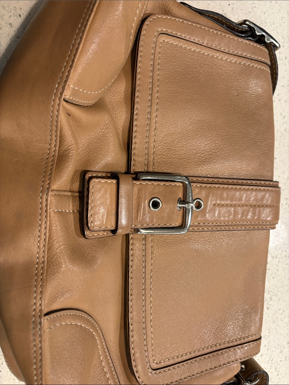 Coach Tan Leather Crossbody Bag with Buckle Detail